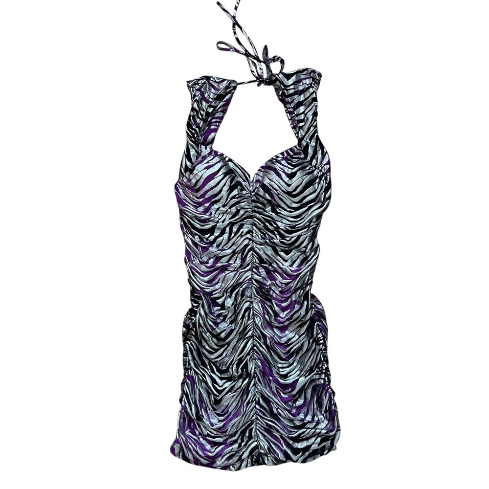 Vtg y2k Purple Silver Zebra Metallic Ruched Halter Mini Dress sleezy sexy grunge